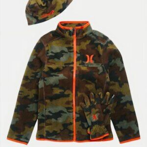 Size M Hurley fleece jacket, glove, and hat set in camo